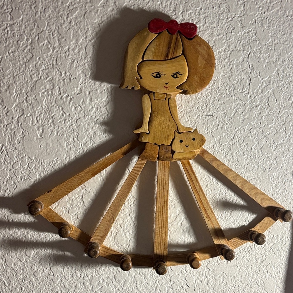 Vintage Wooden Girl Wall Hanger with Red Bow